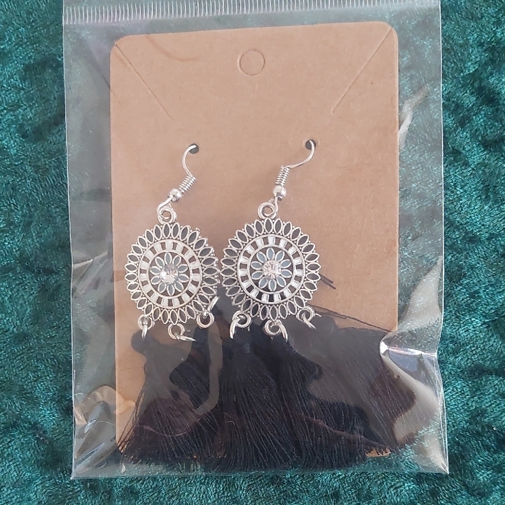 Elegant Silver and Black Tassel Earrings